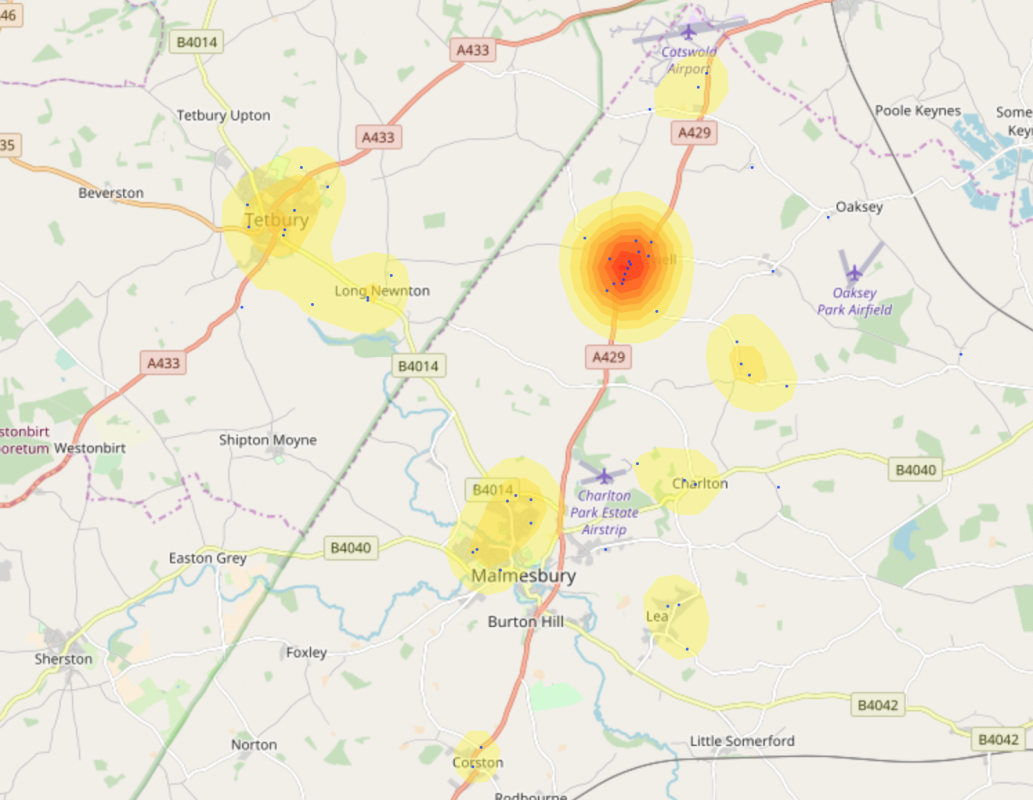 Crudwell School Pupil residence heatmap 1